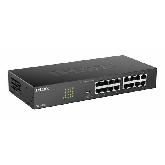 D-Link DGS-1016D Gigabit Switch (16 Ports, 10/100/1000 Mbit/s, einfache Plug & Play-Installation, lüfterlos), Schwarz, Metallisch