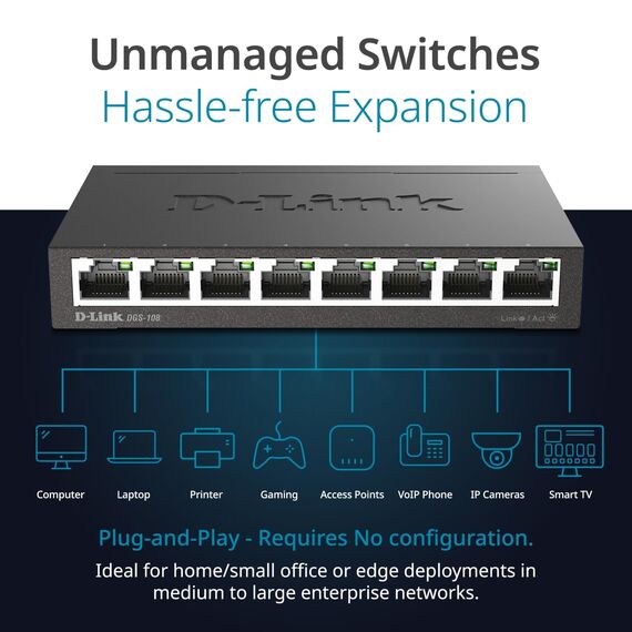 D-Link DGS-108 8-Port Layer2 Gigabit Switch (bis zu 2000 Mbit/s Datenübertragung pro Port, Non-Blocking-Architektur, lüfterlos, Metallgehäuse) schwarz