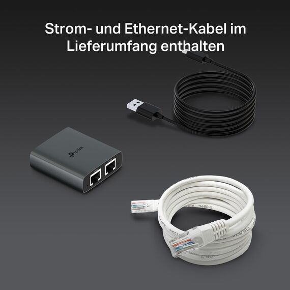 TP-Link EH210 LAN Splitter 1 auf 2 (Gigabit Ethernet Splitter) | inkl. USB-Stromkabel & Cat 5e Netzwerkkabel | Aluminiumgehäuse, Plug & Play, LAN Switch 2 Port
