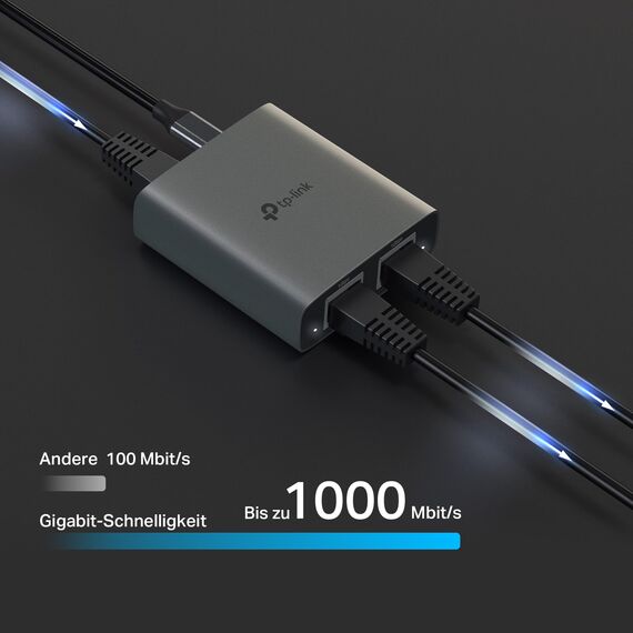 TP-Link EH210 LAN Splitter 1 auf 2 (Gigabit Ethernet Splitter) | inkl. USB-Stromkabel & Cat 5e Netzwerkkabel | Aluminiumgehäuse, Plug & Play, LAN Switch 2 Port