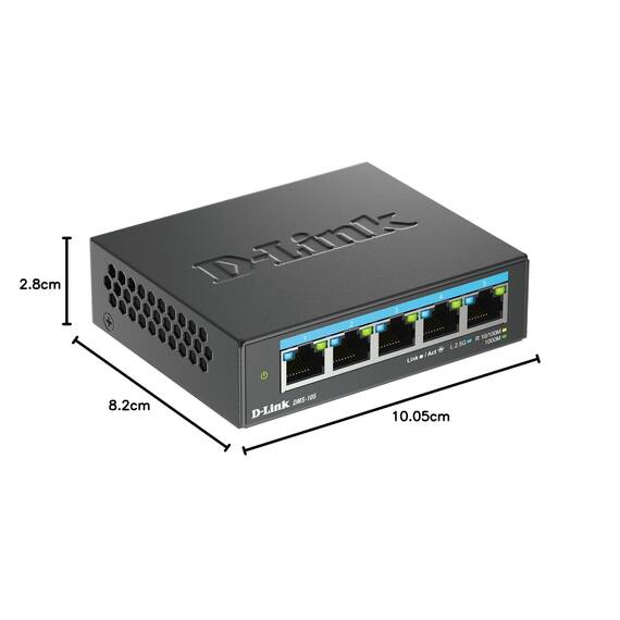 D-Link DMS-105 5-Port Multi-Gigabit Unmanaged Desktop Switch (5x 2,5G Ports, Lüfterlos, Low Profile, Kompakt, Metal Gehäuse, QoS, Plug and Play)