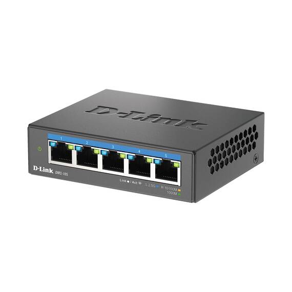 D-Link DMS-105 5-Port Multi-Gigabit Unmanaged Desktop Switch (5x 2,5G Ports, Lüfterlos, Low Profile, Kompakt, Metal Gehäuse, QoS, Plug and Play)