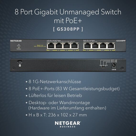 NETGEAR 8-Port Gigabit Ethernet Unmanaged Essentials PoE+ Switch (GS308PP): mit 8 x PoE+ bei 83 W, Desktop- oder Wandbefestigung