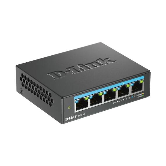 D-Link DMS-105 5-Port Multi-Gigabit Unmanaged Desktop Switch (5x 2,5G Ports, Lüfterlos, Low Profile, Kompakt, Metal Gehäuse, QoS, Plug and Play)