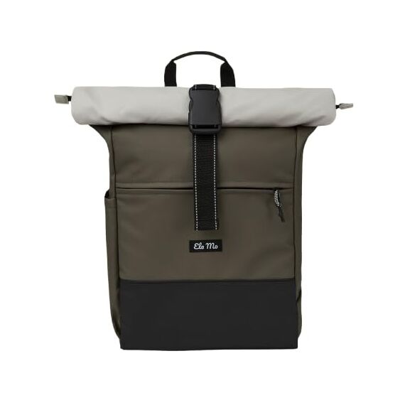 Ela Mo® Rolltop Rucksack Damen - Rollrucksack Anti Diebstahl für Sport & Reisen - Laptoprucksack für Schule, Uni, Business - Mit USB Anschluss & kompaktem Flaschenhalter - Coated Edition Olive