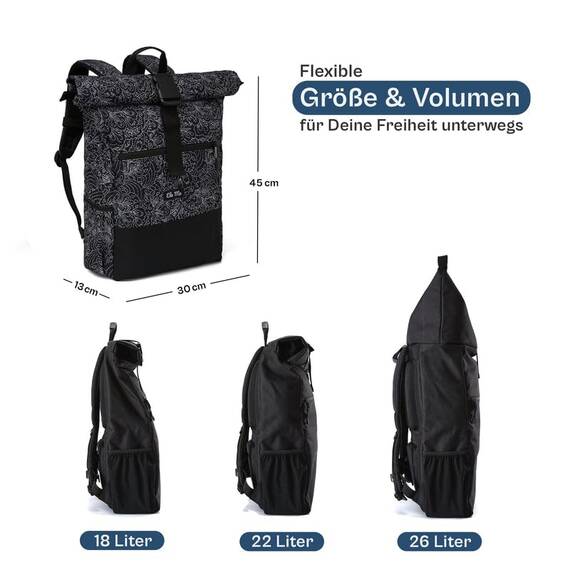 Ela Mo® Rolltop Rucksack Damen - Rollrucksack Anti Diebstahl für Sport & Reisen - Laptoprucksack für Schule, Uni, Business - Mit USB Anschluss & kompaktem Flaschenhalter - Dots