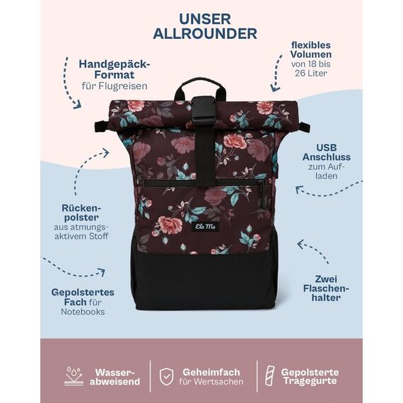 Ela Mo® Rolltop Rucksack Damen - Rollrucksack Anti Diebstahl für Sport & Reisen - Laptoprucksack für Schule, Uni, Business - Mit USB Anschluss & kompaktem Flaschenhalter - Roses & Chocolate