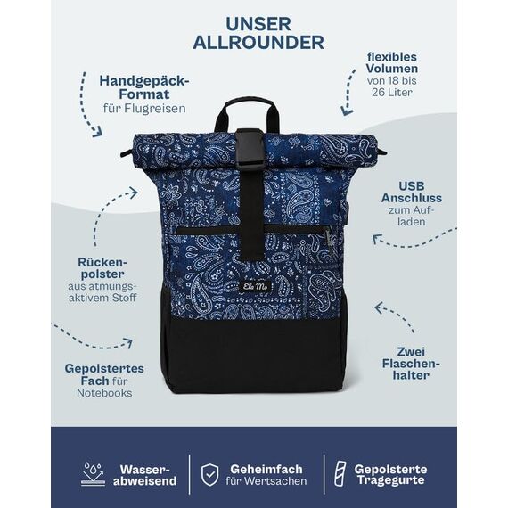 Ela Mo® Rolltop Rucksack Damen - Rollrucksack Anti Diebstahl für Sport & Reisen - Laptoprucksack für Schule, Uni, Business - Mit USB Anschluss & kompaktem Flaschenhalter - Denim Paisley