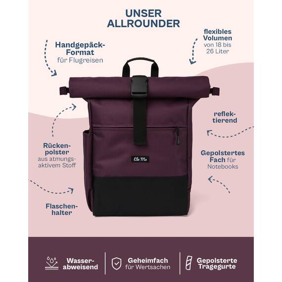 Ela Mo® Rolltop Rucksack Damen - Rollrucksack Anti Diebstahl für Sport & Reisen - Laptoprucksack für Schule, Uni, Business - Mit USB Anschluss & kompaktem Flaschenhalter - Plum Reflective