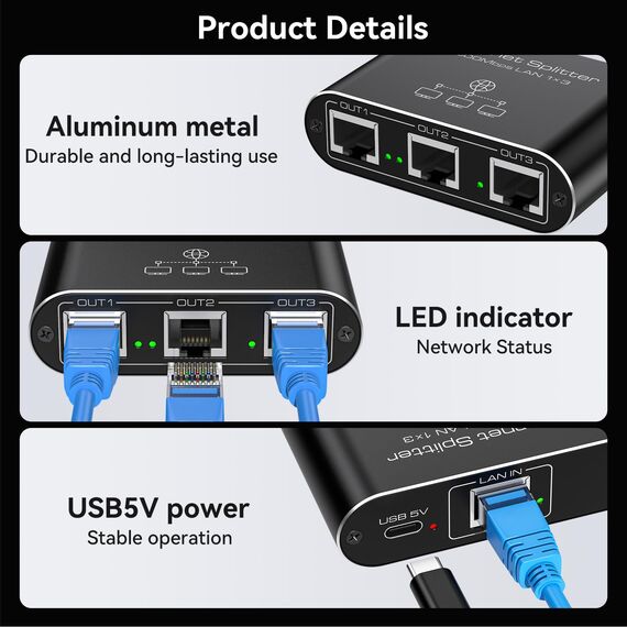 PVBCTCSID Ethernet-Splitter 1 zu 3, 1000 Mbps, Internet-Splitter, Hochgeschwindigkeits-Netzwerk-Splitter, Router-Switch, funktioniert mit Cat5/5e/6/7/8-Kabel