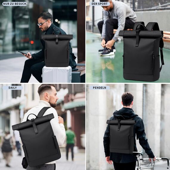 BJIAX Rolltop Rucksack Damen Herren Groß Laptop Rucksack Wasserdichter mit Computerfach 17,3 Zoll Rucksäcke Schulrucksack 24L/32L Wasserfester Reiserucksack Handgepäck Flugzeug Arbeit Reisen Schwarz