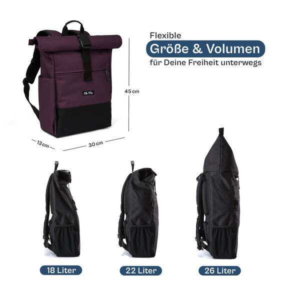 Ela Mo® Rolltop Rucksack Damen - Rollrucksack Anti Diebstahl für Sport & Reisen - Laptoprucksack für Schule, Uni, Business - Mit USB Anschluss & kompaktem Flaschenhalter - Plum Reflective