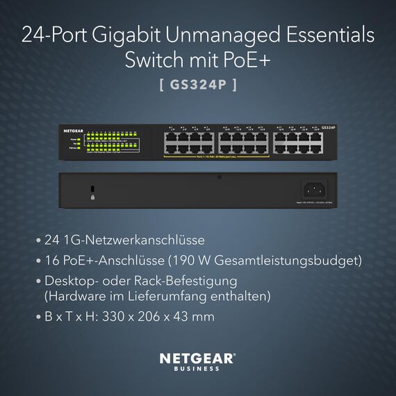 NETGEAR GS324P 24 Port Gigabit Ethernet LAN PoE Switch (mit 16x PoE+ 190W, Plug-and-Play Netzwerk Switch, Desktop oder 19 Zoll Rack-Montage, energieeffizient, Robustes Metallgehäuse), schwarz