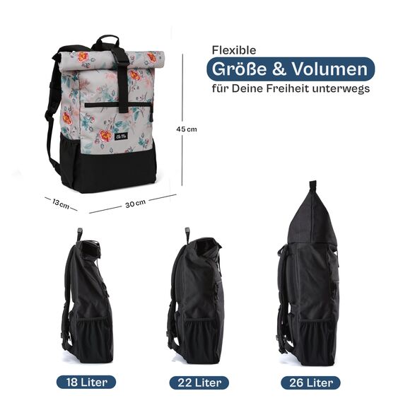 Ela Mo® Rolltop Rucksack Damen - Rollrucksack Anti Diebstahl für Sport & Reisen - Laptoprucksack für Schule, Uni, Business - Mit USB Anschluss & kompaktem Flaschenhalter - Roses For You