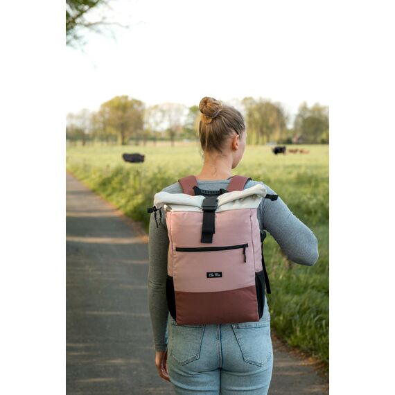 Ela Mo Rucksack Damen - Rolltop schön u. durchdacht - Laptop Rucksäcke für Frauen - Anti Diebstahl Tasche für Schule, Uni, Business (Strawberry Cream)