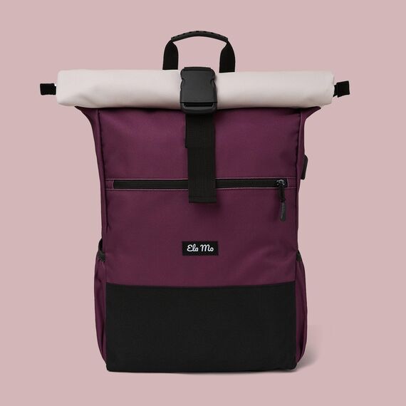 Ela Mo® Rolltop Rucksack Damen - Rollrucksack Anti Diebstahl für Sport & Reisen - Laptoprucksack für Schule, Uni, Business - Mit USB Anschluss & kompaktem Flaschenhalter - Grape