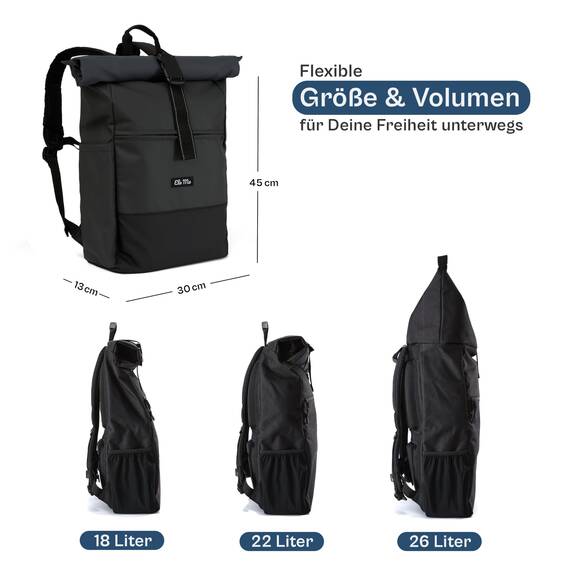 Ela Mo® Rolltop Rucksack Damen - Rollrucksack Anti Diebstahl für Sport & Reisen - Laptoprucksack für Schule, Uni, Business - Mit USB Anschluss & kompaktem Flaschenhalter - Coated Edition Slate