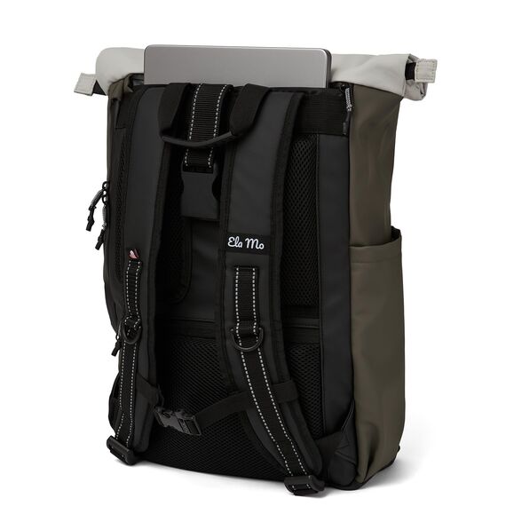 Ela Mo® Rolltop Rucksack Damen - Rollrucksack Anti Diebstahl für Sport & Reisen - Laptoprucksack für Schule, Uni, Business - Mit USB Anschluss & kompaktem Flaschenhalter - Coated Edition Olive