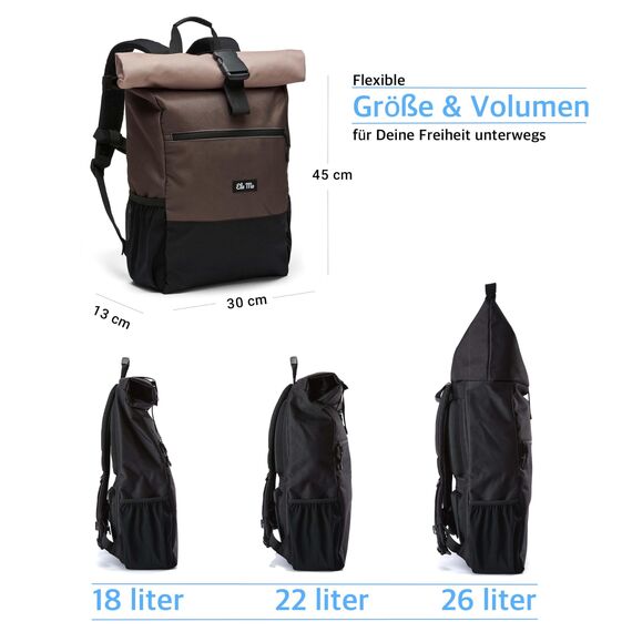 Ela Mo Rucksack Damen - Rolltop schön u. durchdacht - Laptop Rucksäcke für Frauen - Anti Diebstahl Tasche für Schule, Uni, Business (Sand & Olive)