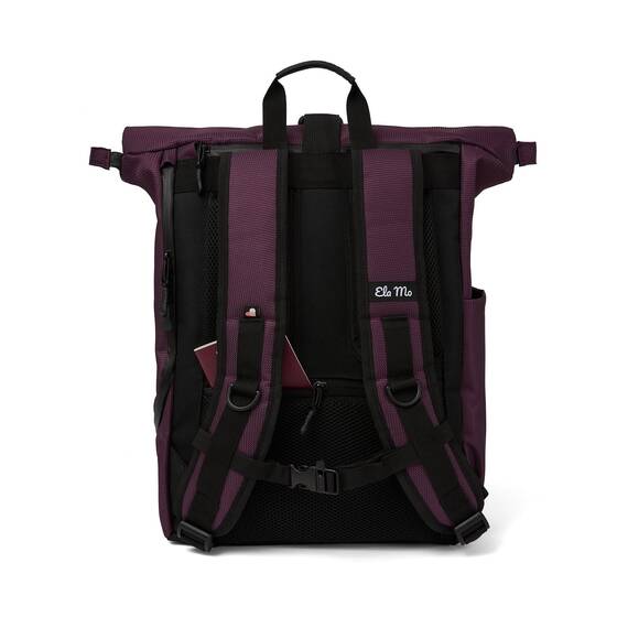 Ela Mo® Rolltop Rucksack Damen - Rollrucksack Anti Diebstahl für Sport & Reisen - Laptoprucksack für Schule, Uni, Business - Mit USB Anschluss & kompaktem Flaschenhalter - Plum Reflective