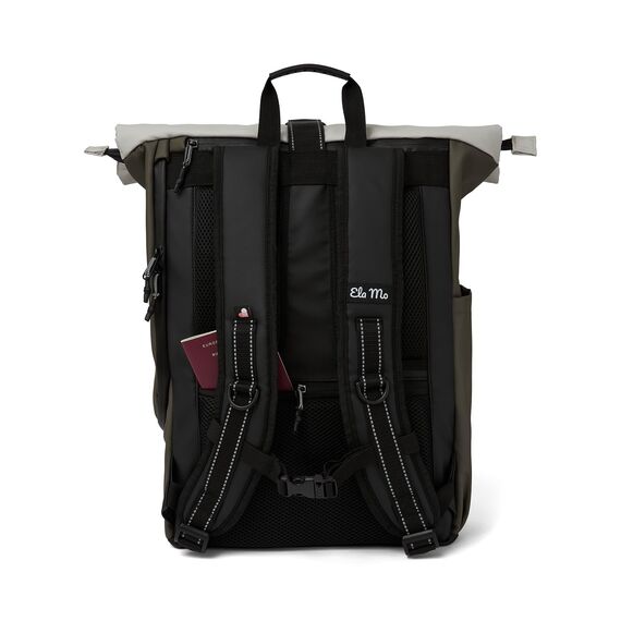 Ela Mo® Rolltop Rucksack Damen - Rollrucksack Anti Diebstahl für Sport & Reisen - Laptoprucksack für Schule, Uni, Business - Mit USB Anschluss & kompaktem Flaschenhalter - Coated Edition Olive