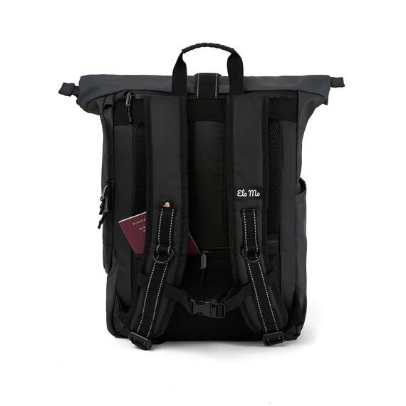 Ela Mo® Rolltop Rucksack Damen - Rollrucksack Anti Diebstahl für Sport & Reisen - Laptoprucksack für Schule, Uni, Business - Mit USB Anschluss & kompaktem Flaschenhalter - Coated Edition Slate