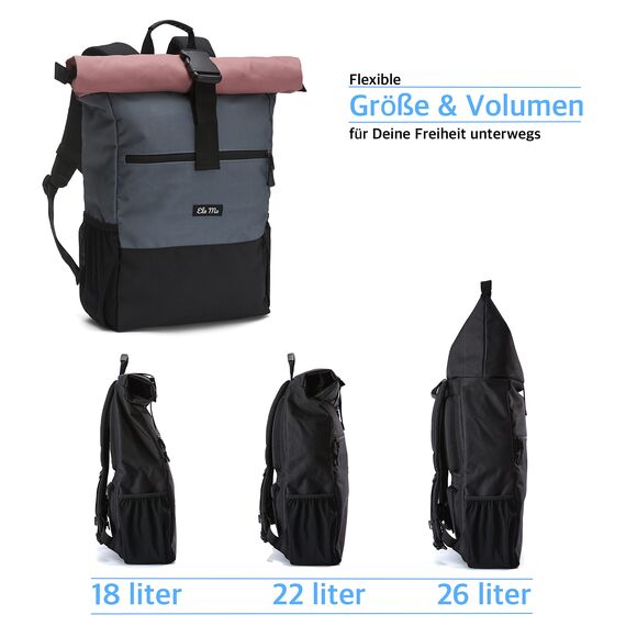 Ela Mo® Rolltop Rucksack Damen - Rollrucksack Anti Diebstahl für Sport & Reisen - Laptoprucksack für Schule, Uni, Business - Mit USB Anschluss & kompaktem Flaschenhalter - Salmon