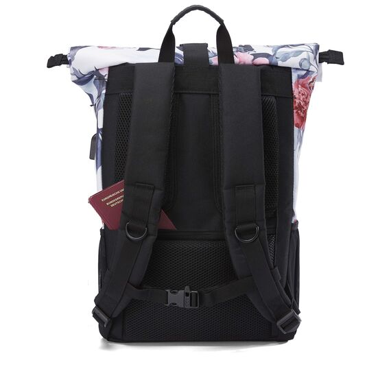 Ela Mo® Rolltop Rucksack Damen - Rollrucksack Anti Diebstahl für Sport & Reisen - Laptoprucksack für Schule, Uni, Business - Mit USB Anschluss & kompaktem Flaschenhalter - Bloom!