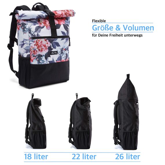 Ela Mo® Rolltop Rucksack Damen - Rollrucksack Anti Diebstahl für Sport & Reisen - Laptoprucksack für Schule, Uni, Business - Mit USB Anschluss & kompaktem Flaschenhalter - Bloom!