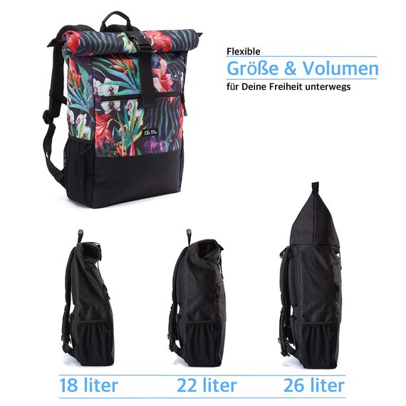 Ela Mo® Rolltop Rucksack Damen - Rollrucksack Anti Diebstahl für Sport & Reisen - Laptoprucksack für Schule, Uni, Business - Mit USB Anschluss & kompaktem Flaschenhalter - Tropical Heat
