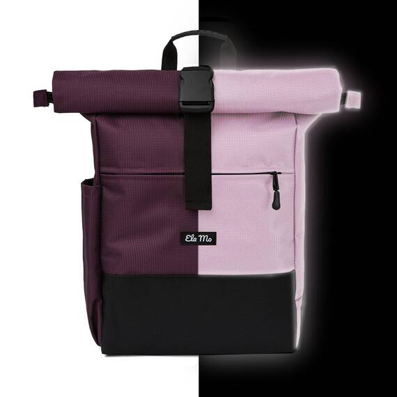 Ela Mo® Rolltop Rucksack Damen - Rollrucksack Anti Diebstahl für Sport & Reisen - Laptoprucksack für Schule, Uni, Business - Mit USB Anschluss & kompaktem Flaschenhalter - Plum Reflective