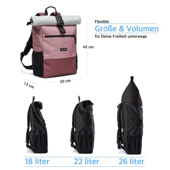 Ela Mo Rucksack Damen - Rolltop schön u. durchdacht - Laptop Rucksäcke für Frauen - Anti Diebstahl Tasche für Schule, Uni, Business (Strawberry Cream)