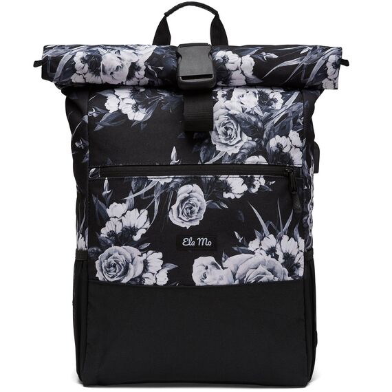 Ela Mo® Rolltop Rucksack Damen - Rollrucksack Anti Diebstahl für Sport & Reisen - Laptoprucksack für Schule, Uni, Business - Mit USB Anschluss & kompaktem Flaschenhalter - Nightrose