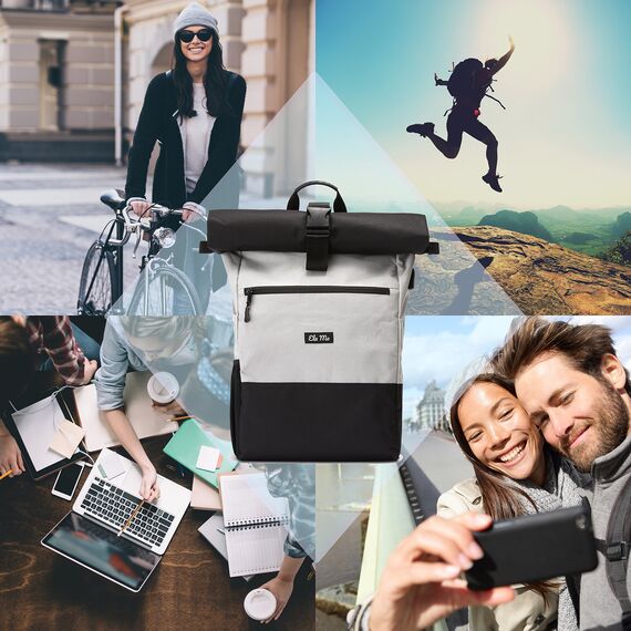 Ela Mo® Rolltop Rucksack Damen - Rollrucksack Anti Diebstahl für Sport & Reisen - Laptoprucksack für Schule, Uni, Business - Mit USB Anschluss & kompaktem Flaschenhalter - Grau