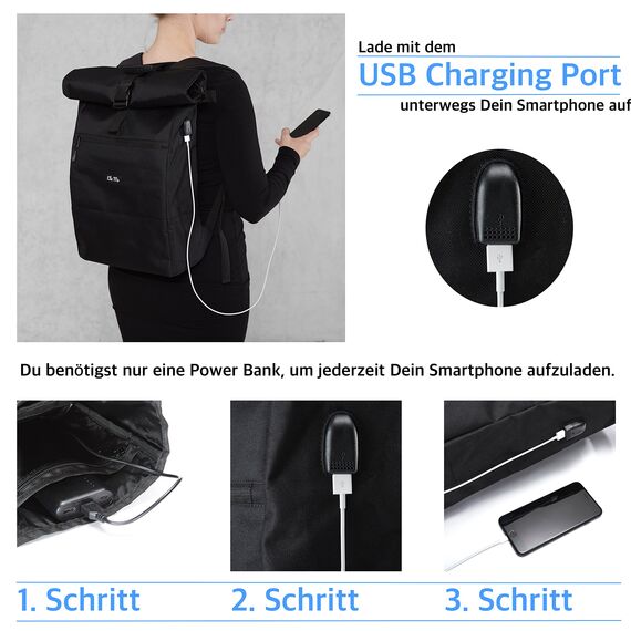Ela Mo® Rolltop Rucksack Damen - Rollrucksack Anti Diebstahl für Sport & Reisen - Laptoprucksack für Schule, Uni, Business - Mit USB Anschluss & kompaktem Flaschenhalter - Tropical Heat