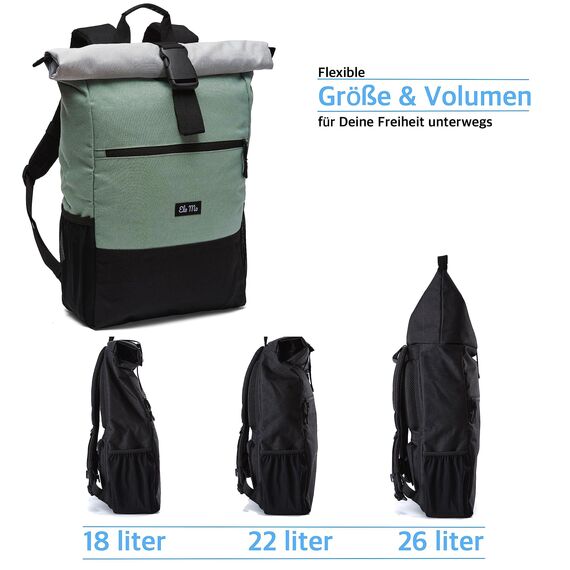 Ela Mo Rucksack Damen - Rolltop schön u. durchdacht - Laptop Rucksäcke für Frauen - Anti Diebstahl Tasche für Schule, Uni, Business (Mintgrey)