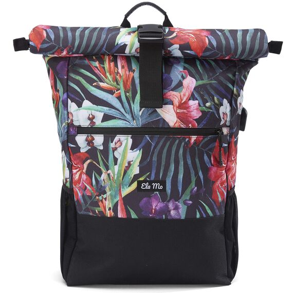 Ela Mo® Rolltop Rucksack Damen - Rollrucksack Anti Diebstahl für Sport & Reisen - Laptoprucksack für Schule, Uni, Business - Mit USB Anschluss & kompaktem Flaschenhalter - Tropical Heat
