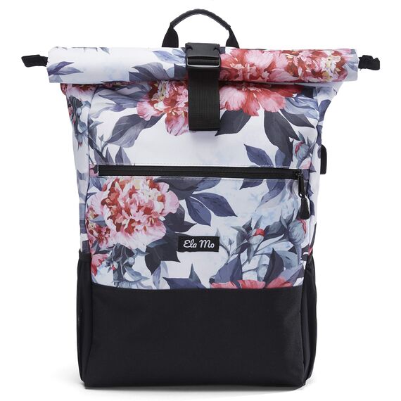 Ela Mo® Rolltop Rucksack Damen - Rollrucksack Anti Diebstahl für Sport & Reisen - Laptoprucksack für Schule, Uni, Business - Mit USB Anschluss & kompaktem Flaschenhalter - Bloom!