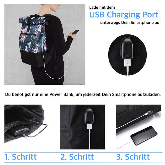 Ela Mo® Rolltop Rucksack Damen - Rollrucksack Anti Diebstahl für Sport & Reisen - Laptoprucksack für Schule, Uni, Business - Mit USB Anschluss & kompaktem Flaschenhalter - Blumen