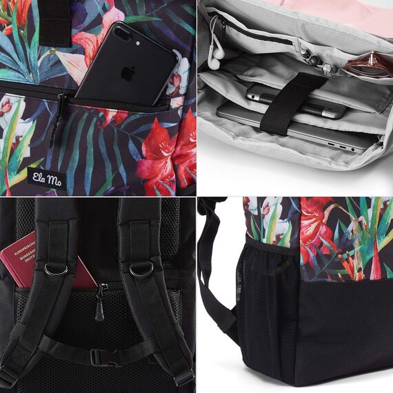 Ela Mo® Rolltop Rucksack Damen - Rollrucksack Anti Diebstahl für Sport & Reisen - Laptoprucksack für Schule, Uni, Business - Mit USB Anschluss & kompaktem Flaschenhalter - Tropical Heat