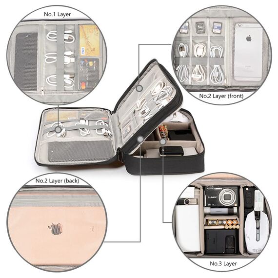HCFGS Organizer Tasche, Reise Elektronik Etui 3 Schicht Grosse Kapazität Multifunktional Wasserdicht Stoßfest Case für Kabel, ipad, Ladegerät, Handy, Festplatten, Powerbank, etc (Schwarz)