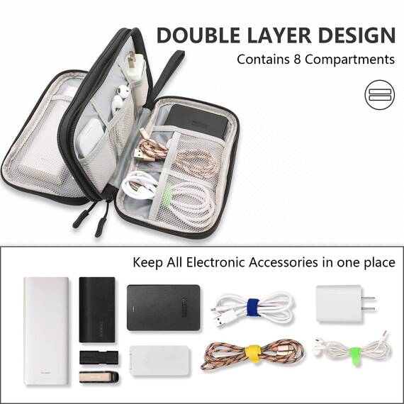 Teskyer Kabeltasche Organizer, Wasserdichte, Urlaub Must Haves, Multifunktional Reise Zubehör, Travel Essentials, für Ladegerät, Powerbank, Schwarz