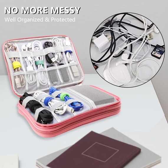 Teskyer Kabel Organizer Tasche, Universal Travel Kabeltasche, Wasserdichte Multifunktional Reisezubehör, Urlaub Must Haves Kabeltasche für Ladegerät, Handy, Powerbank, Festplatten, 24 x 17 cm (Rosa)