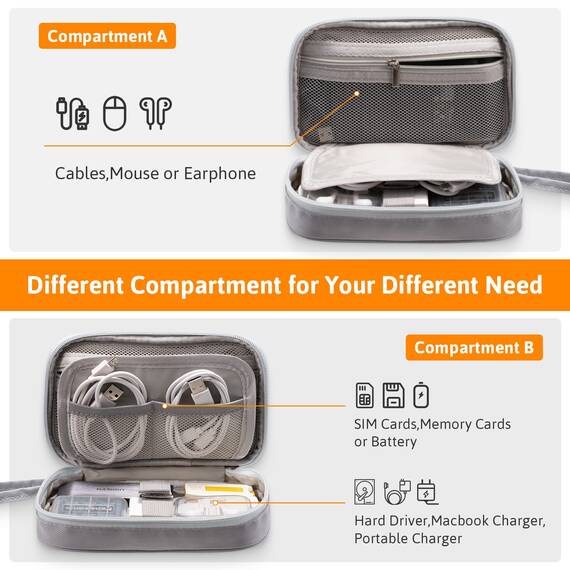 OrgaWise Kabeltasche Kabelorganizer Reisen Kabel Etui Elektronik Zubehör Organizer Tasche Universaltasche für Bag Accessories Handy Ladekabel, Powerbank, USB Sticks (RH2219C-Grau)