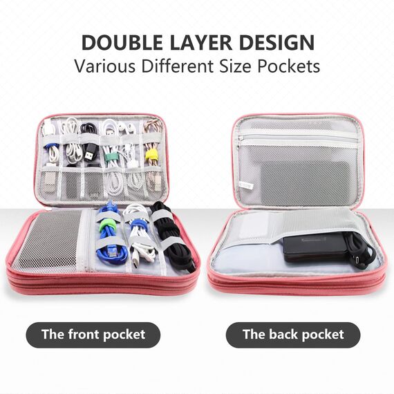 Teskyer Kabel Organizer Tasche, Universal Travel Kabeltasche, Wasserdichte Multifunktional Reisezubehör, Urlaub Must Haves Kabeltasche für Ladegerät, Handy, Powerbank, Festplatten, 24 x 17 cm (Rosa)