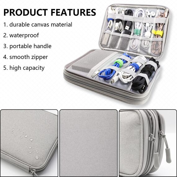 Teskyer Kabeltasche Organizer, wasserdichte, Urlaub Must Haves, Multifunktional Reise Zubehör, Travel Essentials, für Ladegerät, Powerbank, Grau