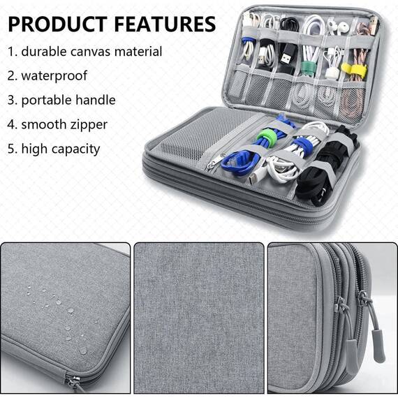 Teskyer Kabeltasche Organizer, wasserdichte, Urlaub Must Haves, Multifunktional Reise Zubehör, Travel Essentials, für Ladegerät, Powerbank, Dunkelgrau