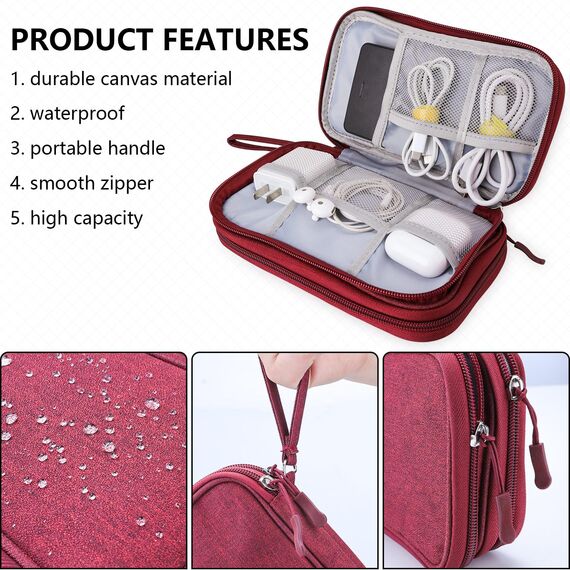 Teskyer Kabeltasche Organizer, wasserdichte, Urlaub Must Haves, Multifunktional Reise Zubehör, Travel Essentials, für Ladegerät, Powerbank, Weinrot