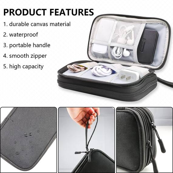 Teskyer Kabeltasche Organizer, Wasserdichte, Urlaub Must Haves, Multifunktional Reise Zubehör, Travel Essentials, für Ladegerät, Powerbank, Schwarz