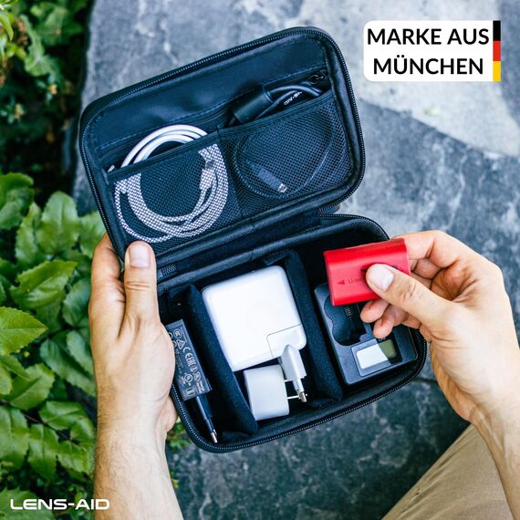 LENS-AID Organizer Case für Technik-Zubehör: Kompaktes Hardcase für Kabel, Akkus, Ladegerät, Powerbank, SD-Karten, USB-Stick & Festplatte – stoßfeste Reise-Schutztasche aus Eva